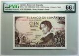 PMG评级66EPQ 非流通外国欧洲纸币西班牙1965年100比塞塔