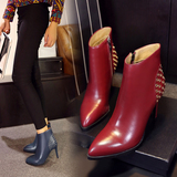 秋冬季亮皮性感鞋单跟女靴子红尖头高跟细跟牛皮侧拉链马丁靴红色