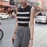 景亦 2016夏装新款韩版修身短款条纹背心露脐针织无袖打底上衣女