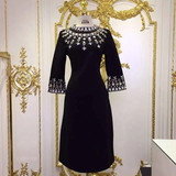 芭bi's shop2015秋冬新款重工巴洛克钉珠镶钻修身黑色长袖连衣裙