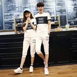 情侣装夏季短袖t恤休闲套装青少年时尚男女韩版修身7分裤运动套装