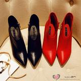 韩版秋冬新款V口尖头踝靴真皮高跟加绒短靴女红色婚鞋33小码女鞋