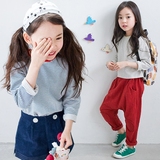 韩国童装 2016秋季新款女童长袖T恤儿童纯棉条纹上衣大女童打底衫