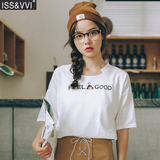 夏季韩版学生宽松显瘦前短后长字母卡通刺绣方领短袖T恤女上衣潮