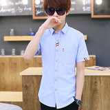 短袖衬衫男青少年夏装韩版修身男士格子衬衣夏季休闲纯色潮流寸衫