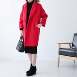 A MIU家韩版冬季保暖外套纯色羊毛呢子宽松长袖翻领中长款外套女