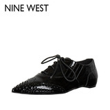 ninewest玖熙漆皮系带布洛克鞋单鞋 尖头平跟舒适休闲女鞋子潮