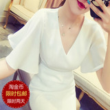 2016夏装新款韩版女装气质优雅修身V领喇叭袖雪纺衫收腰纯色上衣