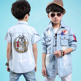 XNZ夏季青少年男孩中小儿童学生服装帅哥弟弟牛仔上衣衬衫短褂头