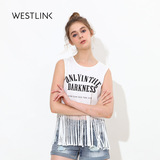 Westlink/西遇2016夏季新款 字母印花流苏圆领无袖弹力针织女背心
