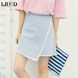 LRUD2016夏季新款韩版不规则牛仔半身裙女高腰显瘦毛边A字裙短裙