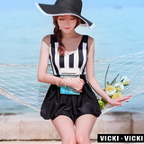 韩国新款连体裙式游泳衣女士复古黑白色遮肚显瘦保守温泉条纹泳装