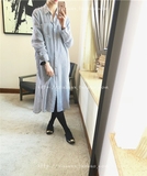 韩国进口代购 竖条纹 丝麻薄款衬衫长裙