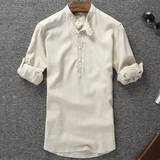 潮货外贸剪标男式装七分袖亚麻衬衫简约时尚纯色男士中袖棉麻衬衣