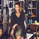 韩国代购女装秋冬黑色个性潮流夜店女装流苏中长款女士外套上衣潮