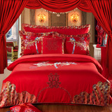 恋人 水星家纺婚庆四件套正品大红刺绣床罩全棉贡缎六八十件套