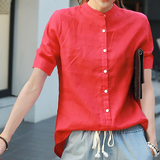 2016夏装新款韩版女装短袖宽松直筒 立领棉麻衬衫 显瘦纯红色衬衣
