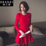 ERANZI2016 韩国秋装新款红色鱼尾连衣裙修身长袖荷叶边新娘短裙