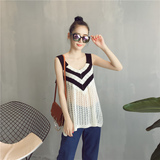 夏季新款韩版女装气质修身拼色条纹V领中长款显瘦针织背心+O611