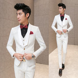 西服套装男士韩版修身型男装商务正装结婚礼服压花西装白色三件套
