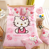 韩式家纺卡通床上用品粉色KT猫法兰绒四件套珊瑚法莱床单款床笠式