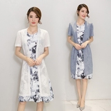 两件套连衣裙女2016韩版新款短袖连衣裙 夏季修身印花雪纺背心裙