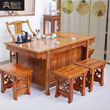 曼时光实木功夫茶桌椅组合 中式原木雕花茶桌椅套装南榆木茶台