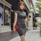 韩国正品代购夏季抽褶修身无袖打底裙高领不规则裙性感包臀连衣裙