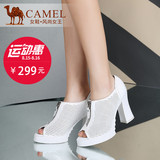 Camel骆驼女鞋 优雅时尚 新款粗高跟前拉链牛漆皮镂空鱼嘴单鞋