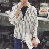 夏娜新款日系男士宽松条纹衬衫 韩版小清新抽绳衬衣 个性潮男外套