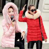 2015冬装韩版女装修身大码手塞棉短款棉衣棉服带帽配狐狸毛领外套