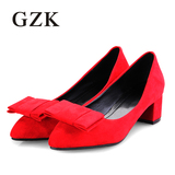 2015新款韩版灰色红色伴娘鞋黑色尖头低跟粗跟蝴蝶结浅口女士单鞋