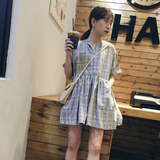 夏季女装韩版新款小清新宽松休闲格子显瘦短袖连衣裙学生裙子短裙