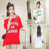 韩版女装露肩性感吊带宽松字母中长款上衣女学生装夏天短袖T恤女