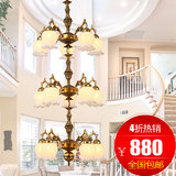欧式复式楼长吊灯美式复古仿铜灯具简约客厅餐厅中式创意楼梯吊灯