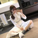 2016韩国新款春秋装长袖蕾 收腰白色边连衣裙中长款高领裙子学生