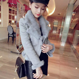 2015冬季韩版长袖鹿皮绒外套短款女修身獭兔毛领皮草羊羔毛上衣潮