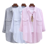 韩国夏季女装新款小清新宽松长袖格子衬衫中长款双口袋衬衣外套潮