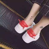 韩国代购2016春夏红绿尾小白鞋真皮系带平底鞋白色运动鞋女板鞋潮