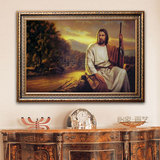 欧式古典人物手绘油画天主教圣像耶稣客厅玄关五斗柜教堂横幅挂画
