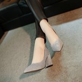 2016夏季韩版女鞋子灰色百搭方跟中跟尖头高跟鞋套脚粗跟单鞋