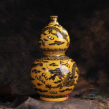 景德镇陶瓷器 手绘仿古黄地黑彩龙纹葫芦花瓶 工艺品家饰客厅摆件