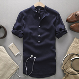 夏季衬衫男棉麻青年韩版修身半截袖亚麻中袖男装立领衬衣服短袖潮