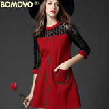 Bomovo2016秋款新品欧美蕾丝拼接连衣裙七分袖名媛红色a字裙女装