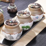 仿古手工粗陶大号茶叶罐创意青花陶瓷密封储物罐子绿茶茶叶包装盒