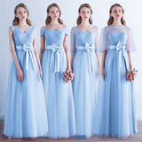 蓝色伴娘礼服2016新款夏季长款姐妹裙一字肩修身伴娘团短连衣裙女