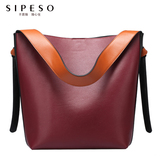 sipeso2016新款真皮女包大包撞色复古水桶包女手提包单肩斜挎包包