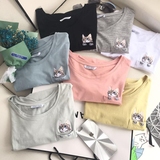 16夏季韩国代购潮流时尚刺绣猫口袋纯棉弹力修身圆领短袖T恤女