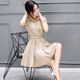 2016新款夏季韩版裙子收腰短袖polo领中长款女修身翻领衬衫连衣裙