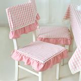 热卖粉色小格子布艺餐桌椅垫椅背套 欧式田园荷叶边海绵椅子坐垫